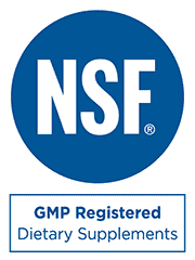 NSF Certified logo with text "GMP Registered Dietary Supplements"