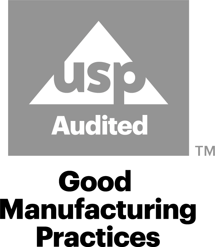 USP Audit GMP certification logo in gray on a transparent background.
