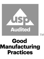 USP Audit GMP certification logo in gray on a transparent background.