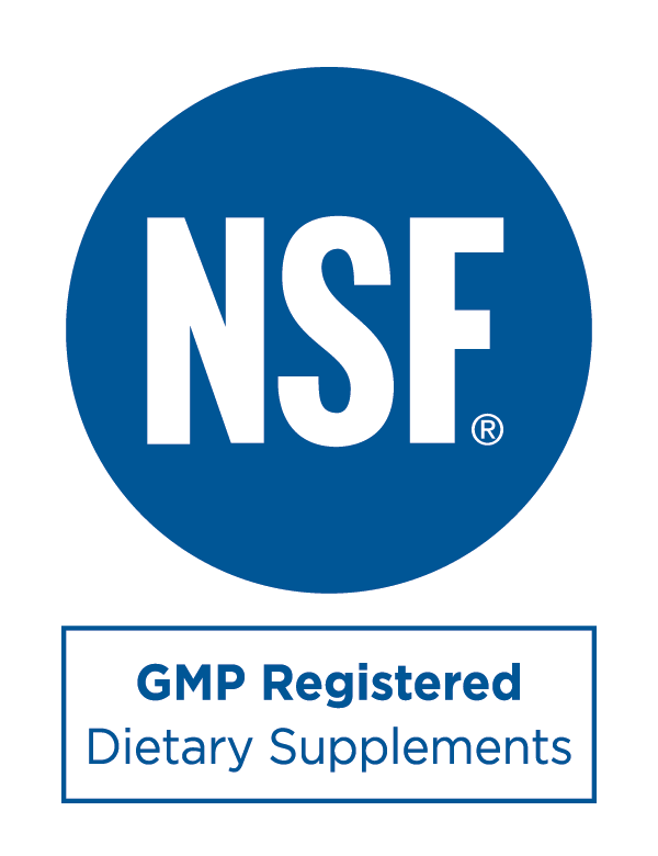 NSF Certified logo with text "GMP Registered Dietary Supplements"