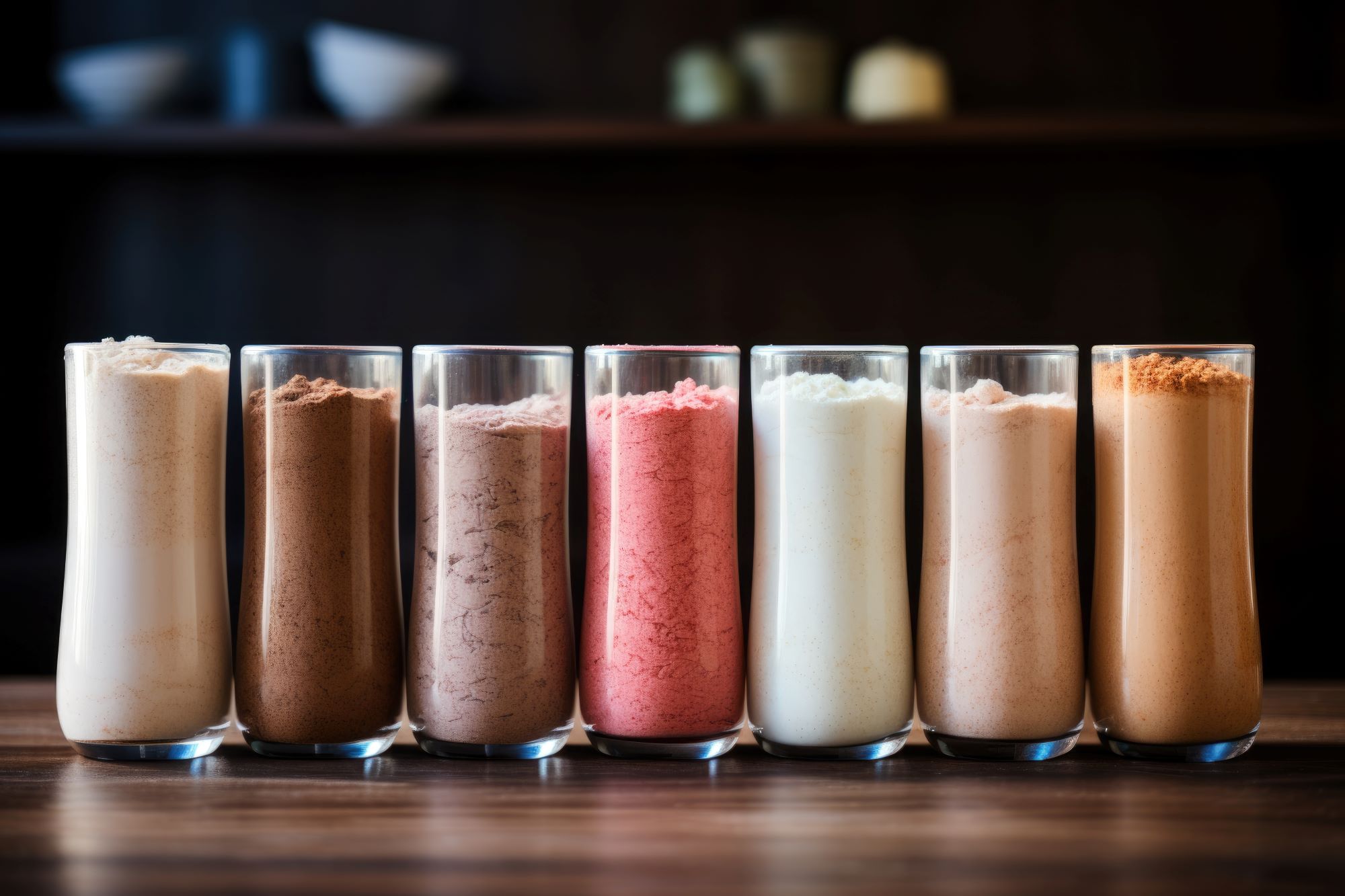 variety of flavored protein powder in glasses