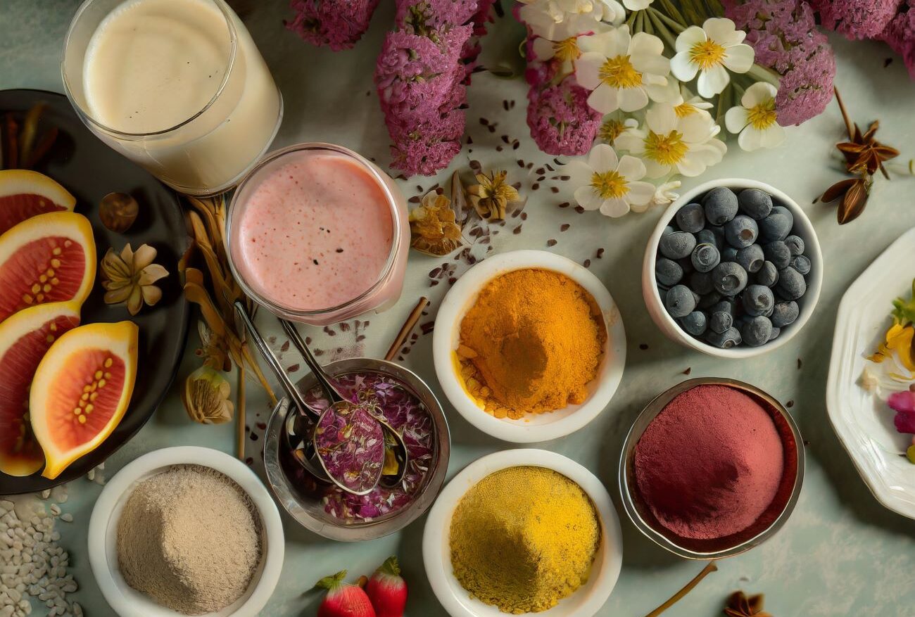 flower fruits protein colorful powders and drinks