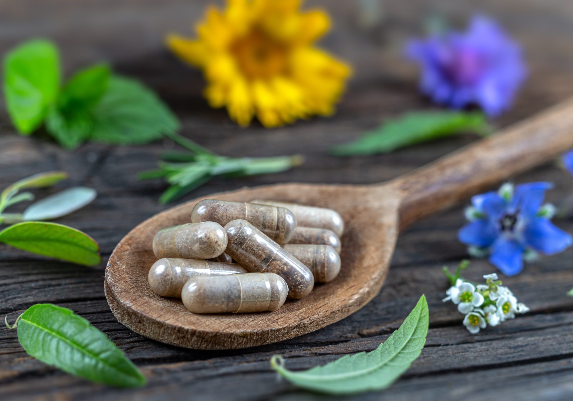 Supplement capsules intended to promote stress support on a wooden spoon surrounded by leaves and flowers.