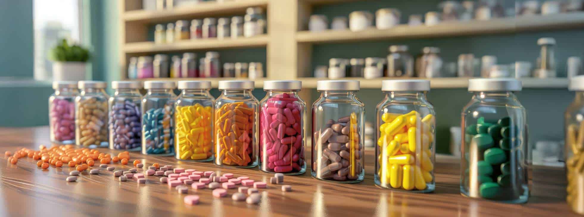 Row of glass jars filled with colorful pills and capsules on a table.