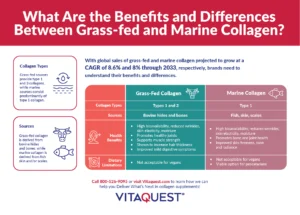 An infographic comparing the benefits and differences between grass-fed collagen and marine collagen.