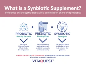 An infographic detailing the definition of a synbiotic supplement, emphasizing its combination of a probiotic and prebiotic.