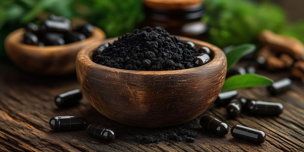 Black shilajit capsules and powder in a wooden bowl. Learn the shilajit benefits for men by reading our blog article.