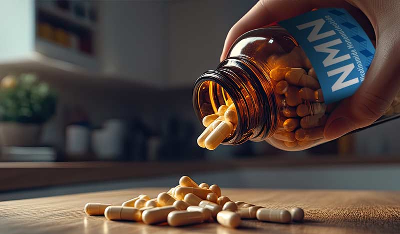 Capsules made by an NMN supplement manufacturer being poured out of a bottle and onto a kitchen counter. Capsules made by an NMN supplement manufacturer being poured out of a bottle and onto a kitchen counter.