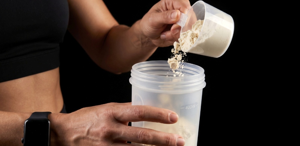 Sports nutrition trends shown through powdered supplements prepared in a shaker bottle.