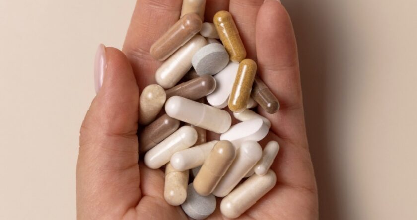 Assorted supplement capsules and tablets in a palm, illustrating dietary fiber supplement formats.