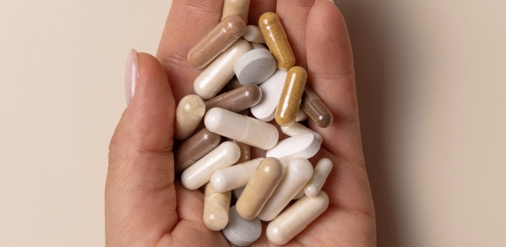 Assorted supplement capsules and tablets in a palm, illustrating dietary fiber supplement formats.