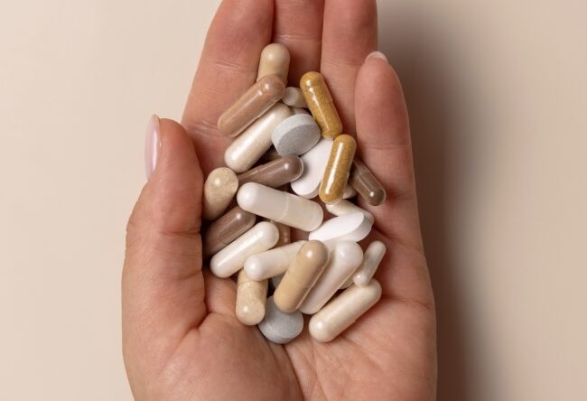 Assorted supplement capsules and tablets in a palm, illustrating dietary fiber supplement formats.